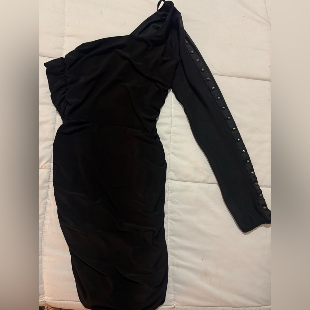 Black One-Shoulder Dress with Studded Sleeve